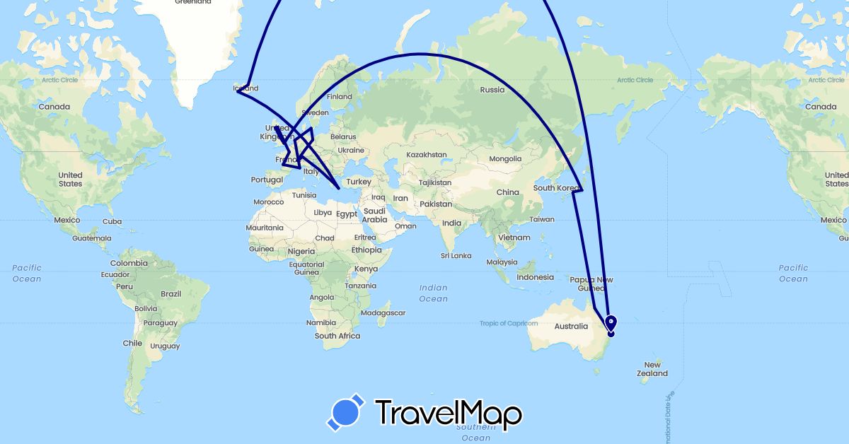 TravelMap itinerary: driving in Australia, Switzerland, Germany, Denmark, France, United Kingdom, Greece, Iceland, Japan, Netherlands (Asia, Europe, Oceania)